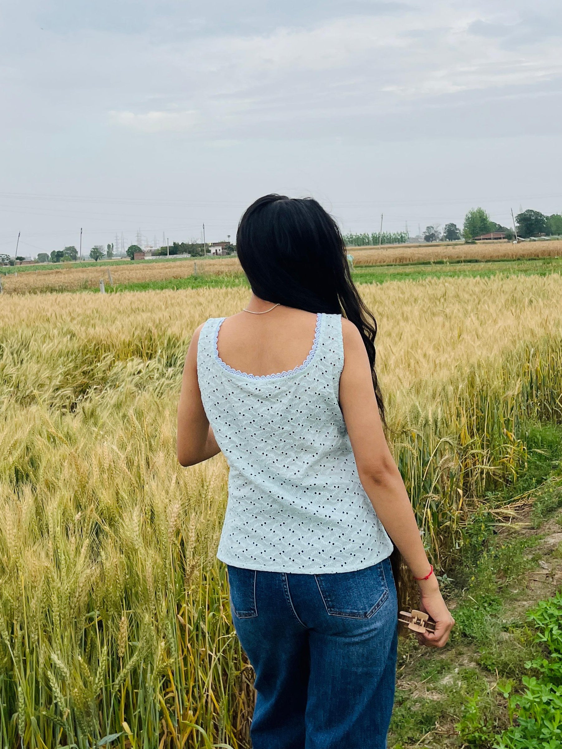 Cotton schiffli sleeveless top