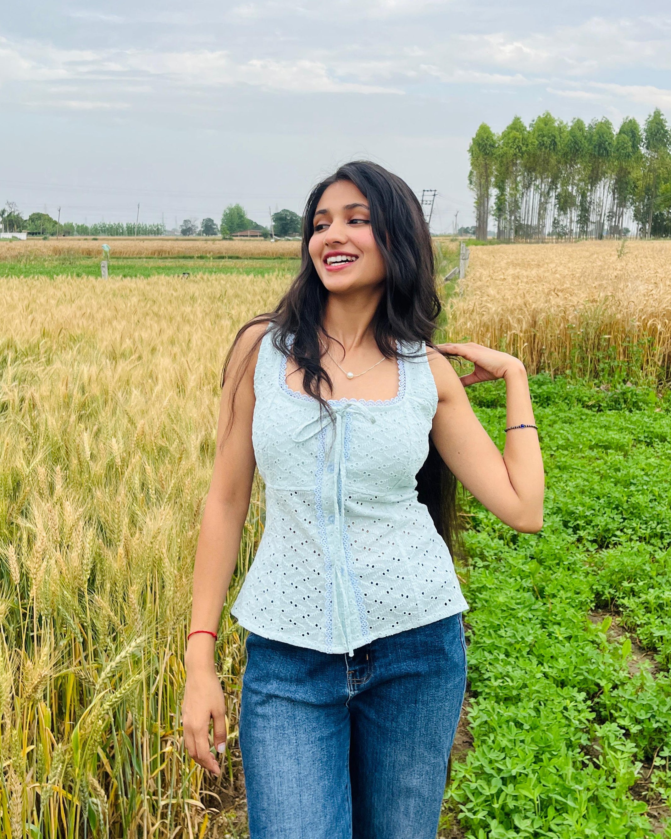 Cotton schiffli sleeveless top